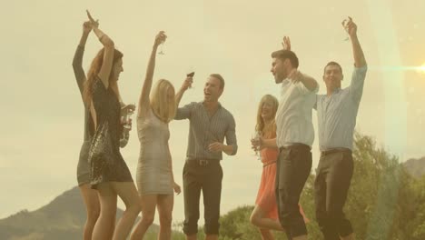 Animation-of-smiling-caucasian-group-of-friends-dancing-with-wine