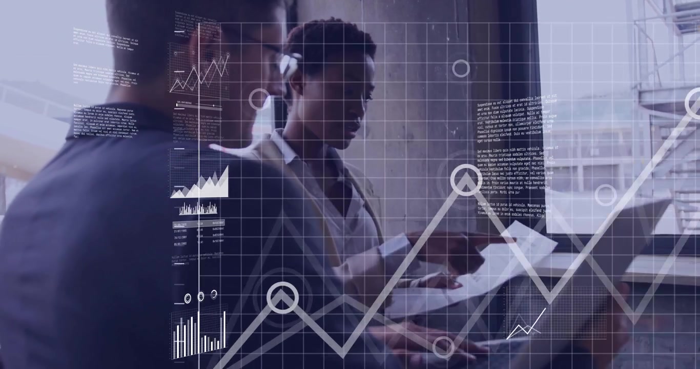 Woman pointing peaks on report and man typing laptop as animated data graphs forming for review