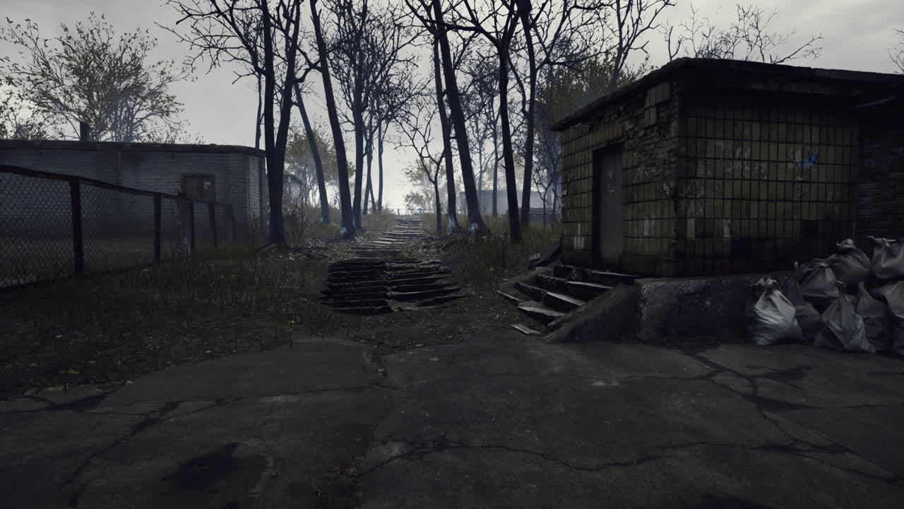 Desolate pathways through an abandoned village in eerie twilight atmosphere