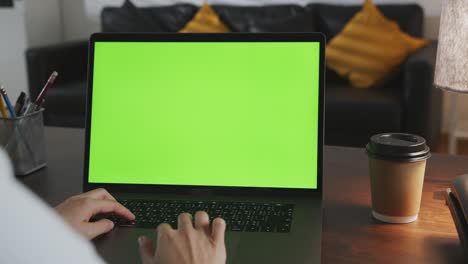 woman working in office and using laptop with looking at green screen.
