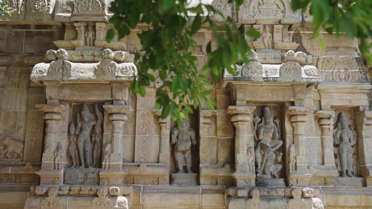 Ampia inquadratura di sculture in pietra finemente intagliate e figure di divinità che adornano la parete di un tempio storico dell'India meridionale, mettendo in mostra l'artigianato tradizionale, l'architettura e il patrimonio culturale.