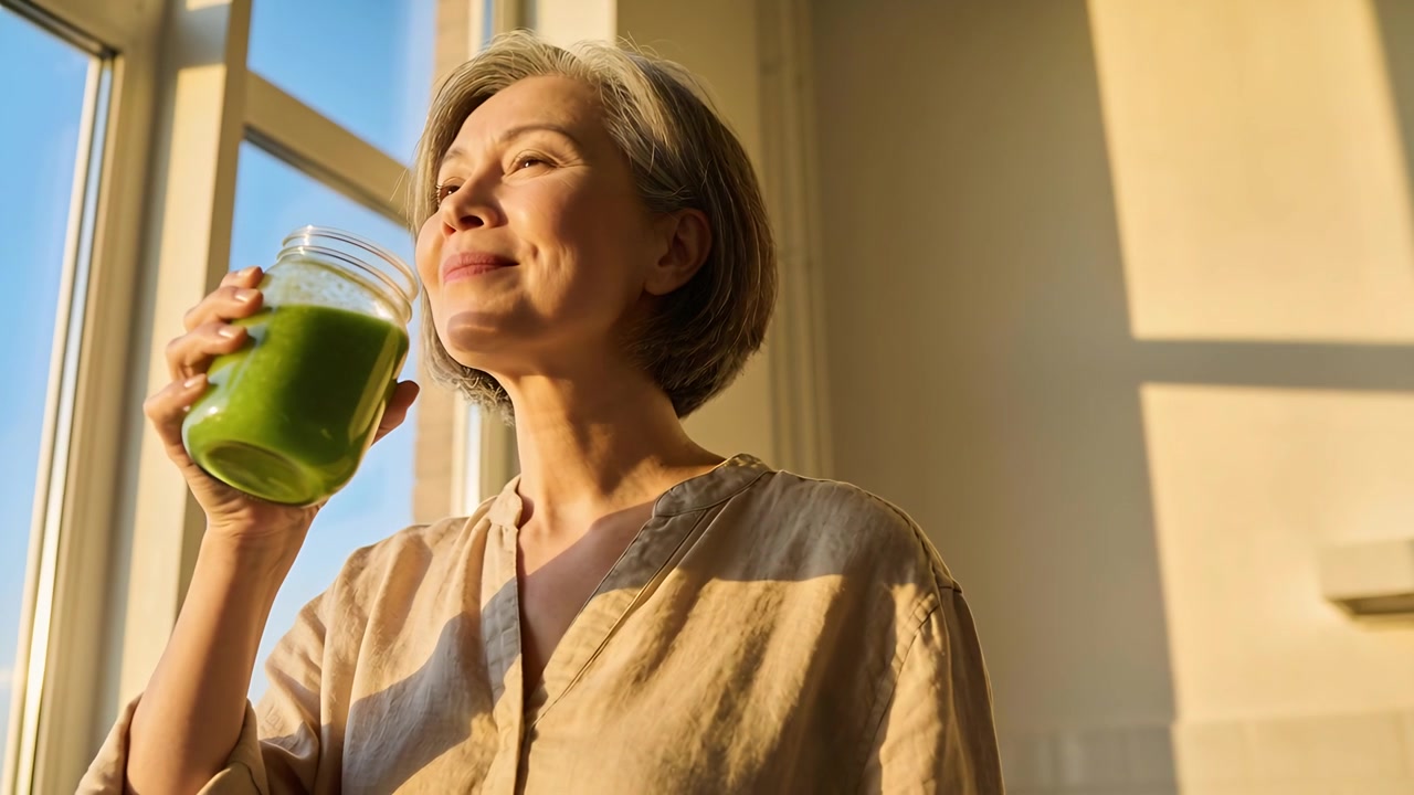 Anziana asiatica in top di lino che solleva un barattolo di vetro e sorseggia succo verde vicino alla finestra della cucina per darsi energia.
