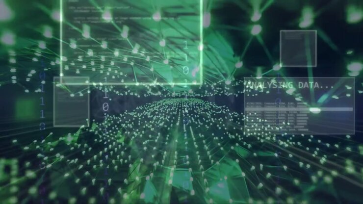 HUD activating, camera panning over green point cloud dome, mesh forming, panels updating analytics