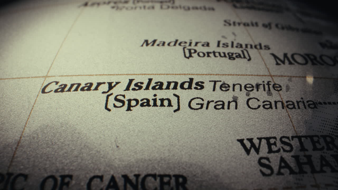 Close-up of a world map showing the Canary Islands and Madeira Islands.