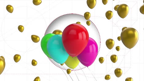 animación de globos multicolores y círculo de corte del cortador sobre fondo blanco