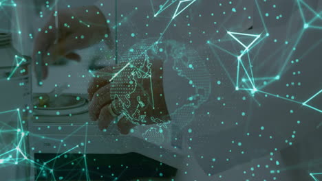hands working with scientific equipment over digital network and globe animation