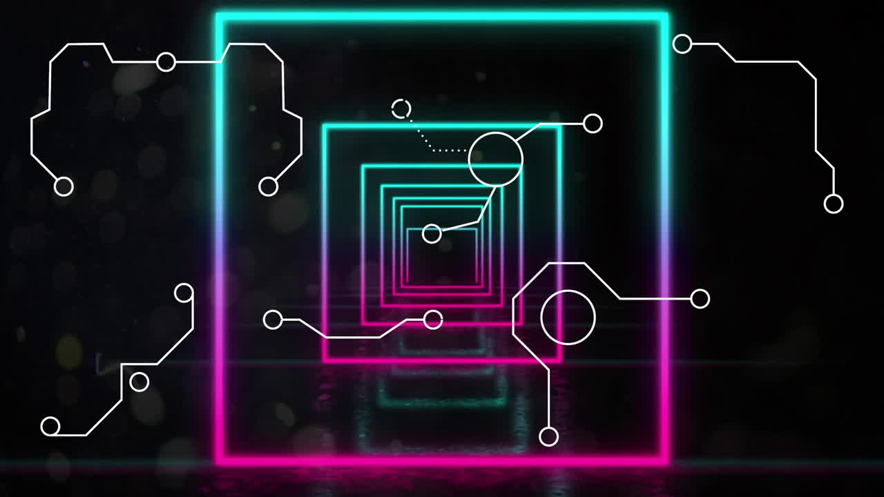 animación de conexiones blancas y cuadrados de neón azules y rosados, moviéndose sobre fondo negro