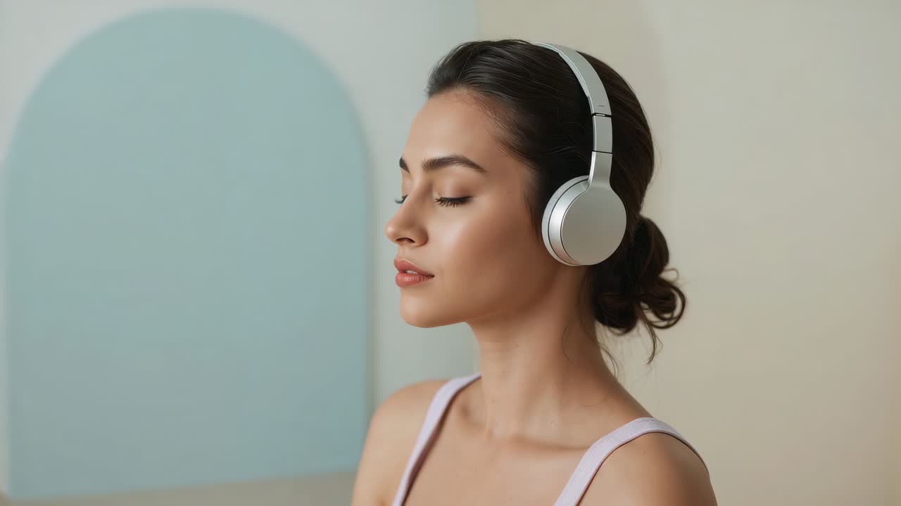 Donna che inclina il capo, con top lilla, che alza il mento e chiude gli occhi mentre la musica parte dalle cuffie argentate, in studio