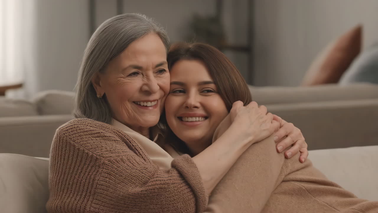 Two women embracing and smiling warmly on a couch