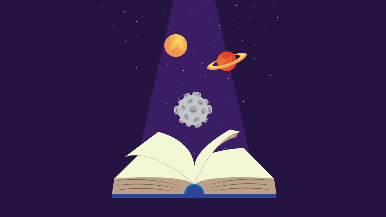 text book with space planets animation