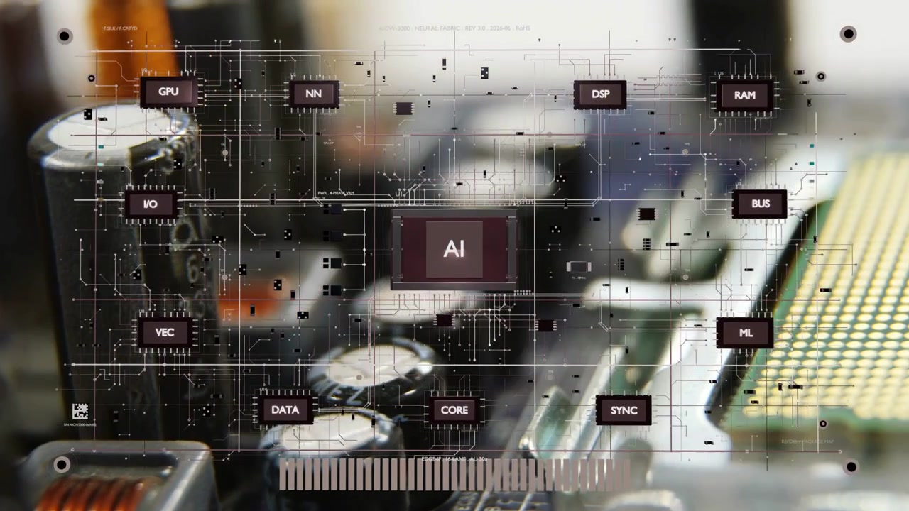PCB close-up, AI badge appearing, nodes floating, camera panning right, overlay mapping data flow