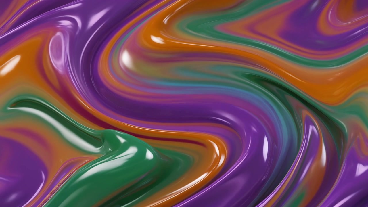 Movimento liquido astratto con colori vorticosi viola, arancione e verde