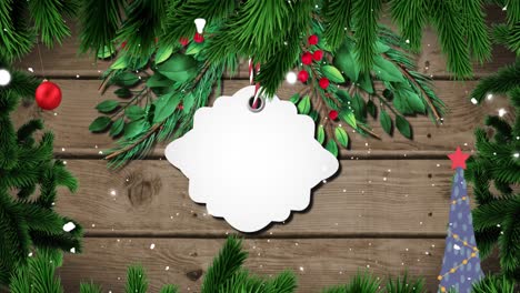 Animation-of-christmas-sign-with-copy-space,-decorations-and-snow-falling-on-wooden-background