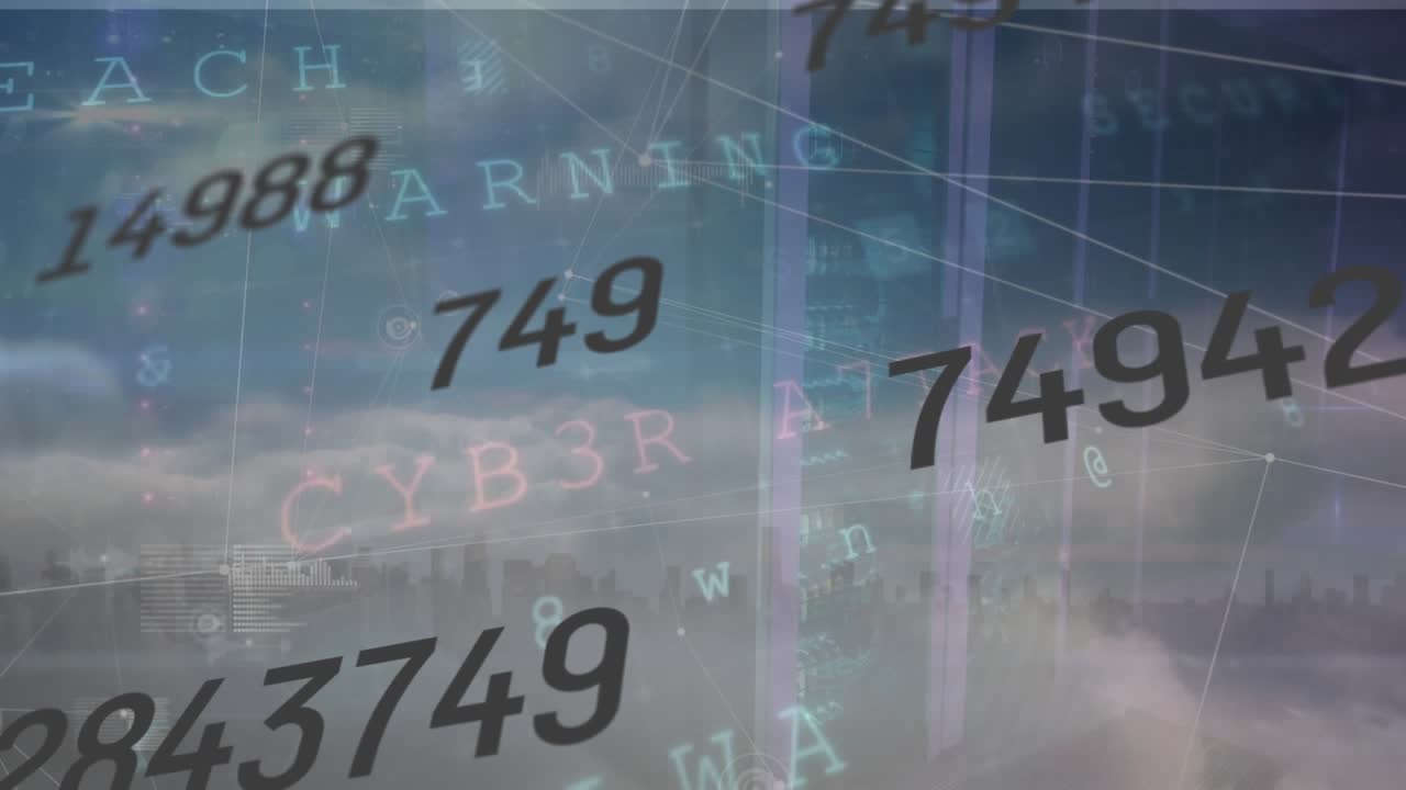 Animation of data processing and network of connections over sky with clouds