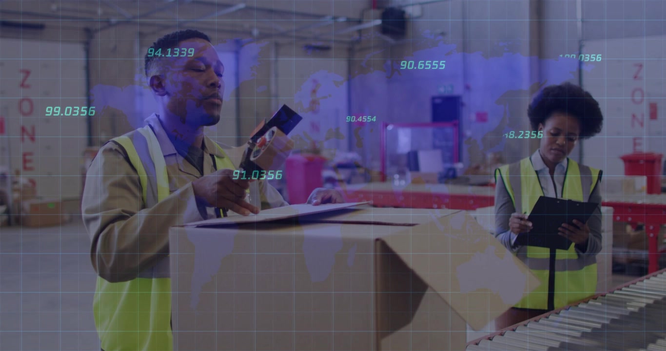Man taping box after tablet confirming order, woman checking tablet while HUD overlaying warehouse