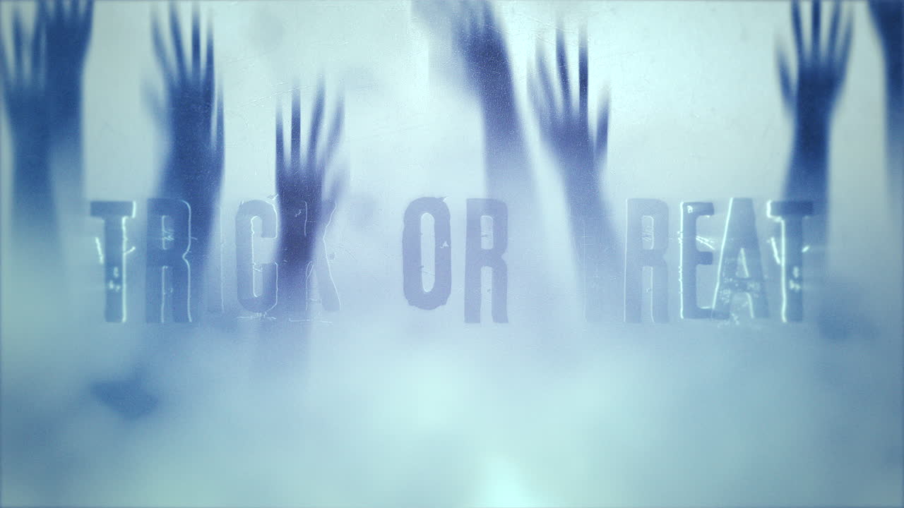 유리 뒤에 손으로 신비로운 공포 배경에 대한 애니메이션 텍스트 속임수 또는 치료