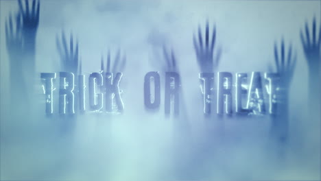truco o trato de texto de animación sobre fondo de terror místico con las manos detrás del cristal