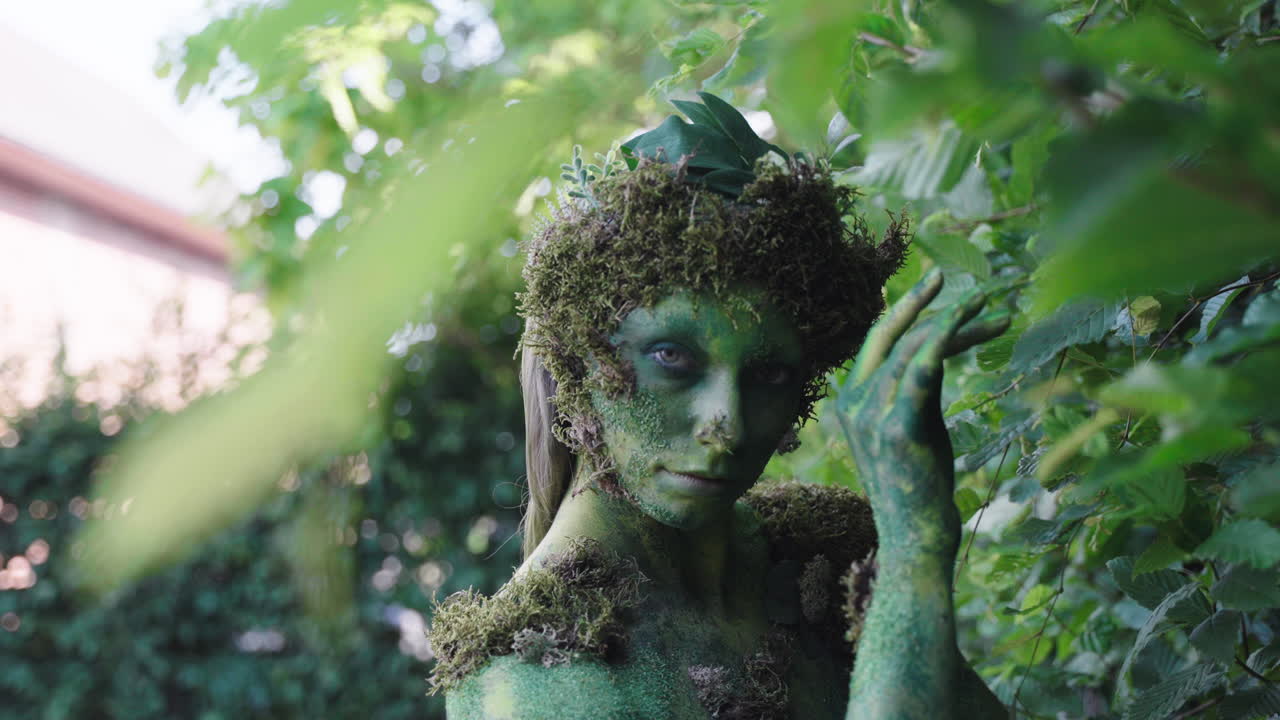 primer plano de un modelo femenino observando a través de las hojas con pintura corporal verde, en el estilo de las formas inspiradas en la naturaleza