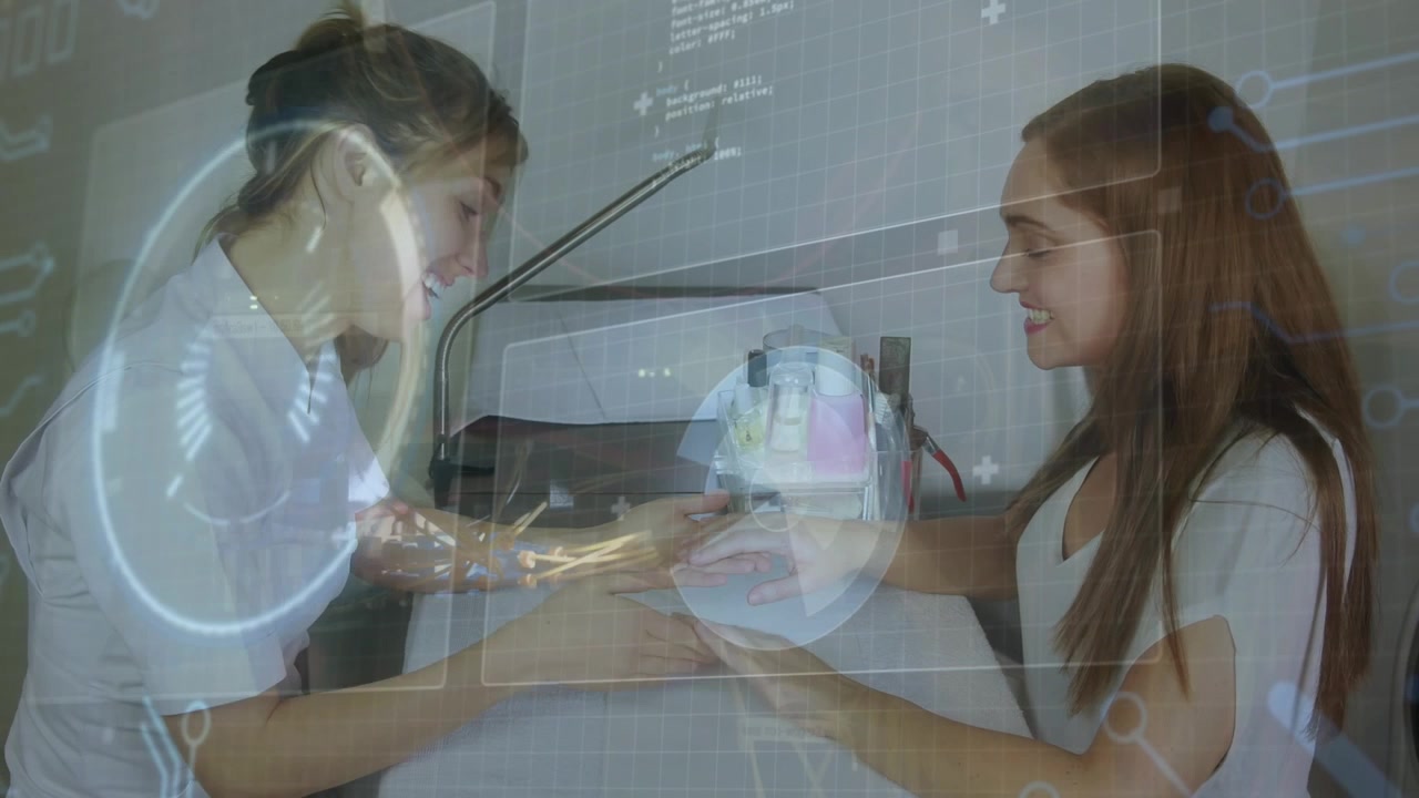 Animation of scope scanning and data processing over diverse woman and beautician painting nails