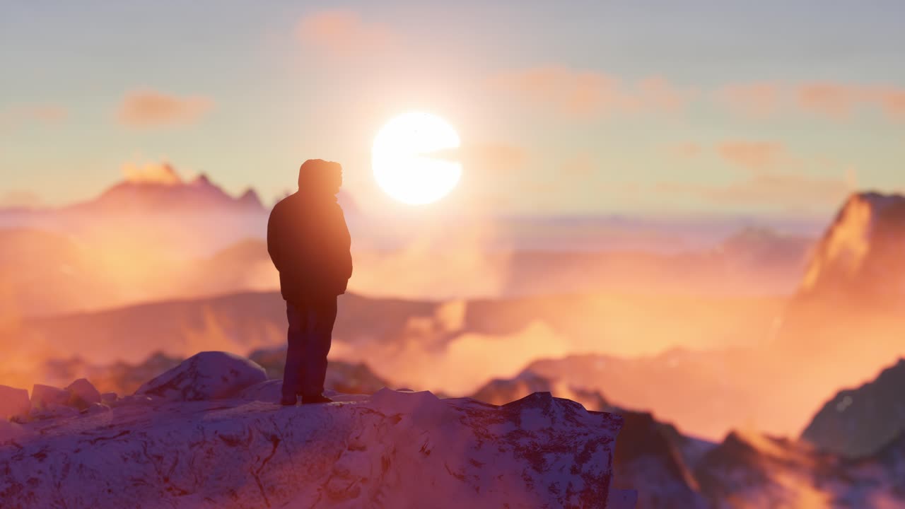 산 꼭대기 에서 해가 뜨거나 해가 지는 모습