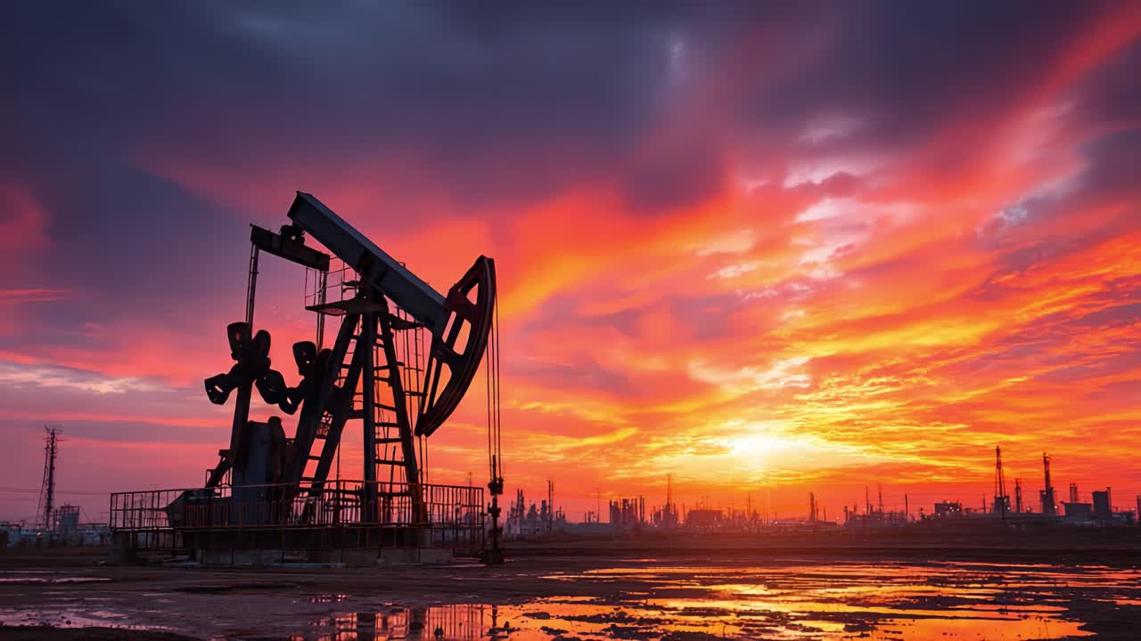 Çarpıcı Gün Batımına Karşı Sanayi Gücünün Etkileyici Gösterimi: Canlı Renkler ve Geniş Bir Şehir Silüetiyle Çerçevelenmiş Bir Petrol Pompa Cenderesi
