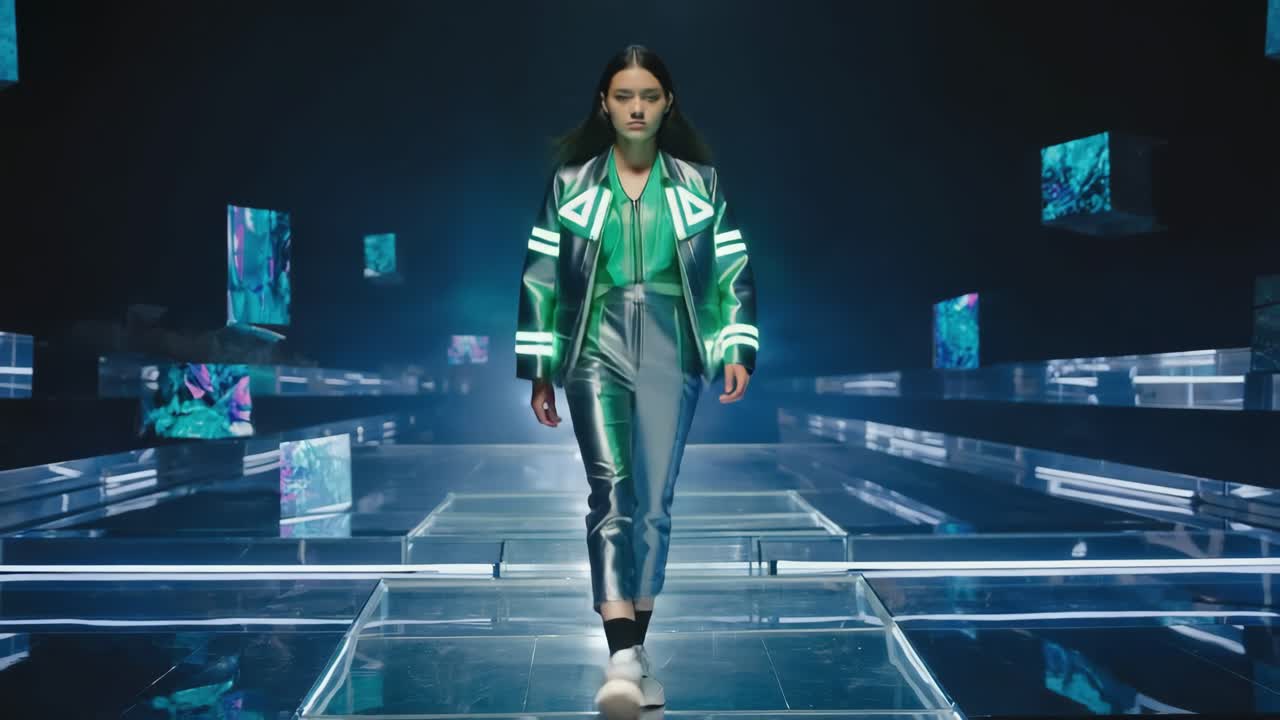 Futuristic fashion model on runway