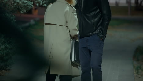 man and woman exchange suspicious briefcase while walking in public park at night. government agents or criminals making shady transaction. passing suitcase from one hand to another. spy or bribe