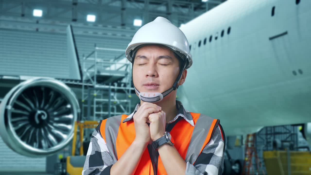 안전 헬을 입은 아시아 남성 엔지니어가 거에 있는 항공기와 함께 서 있는 동안 무언가를 위해 기도합니다.