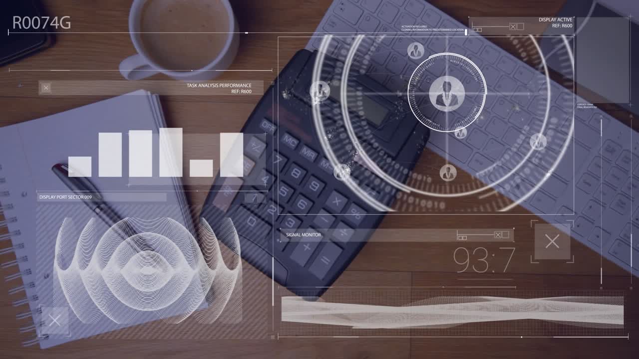 Animation of statistics and data processing over desk with computer and office items