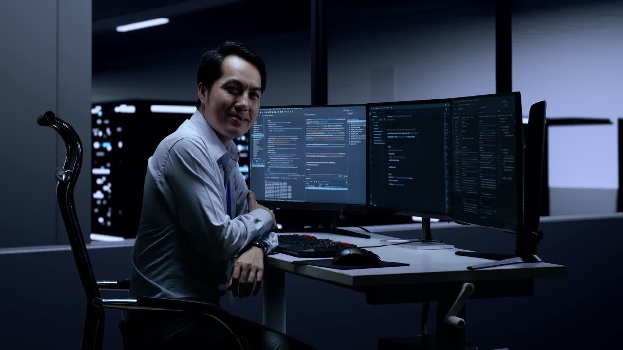 programador sonriendo en una sala de servidores