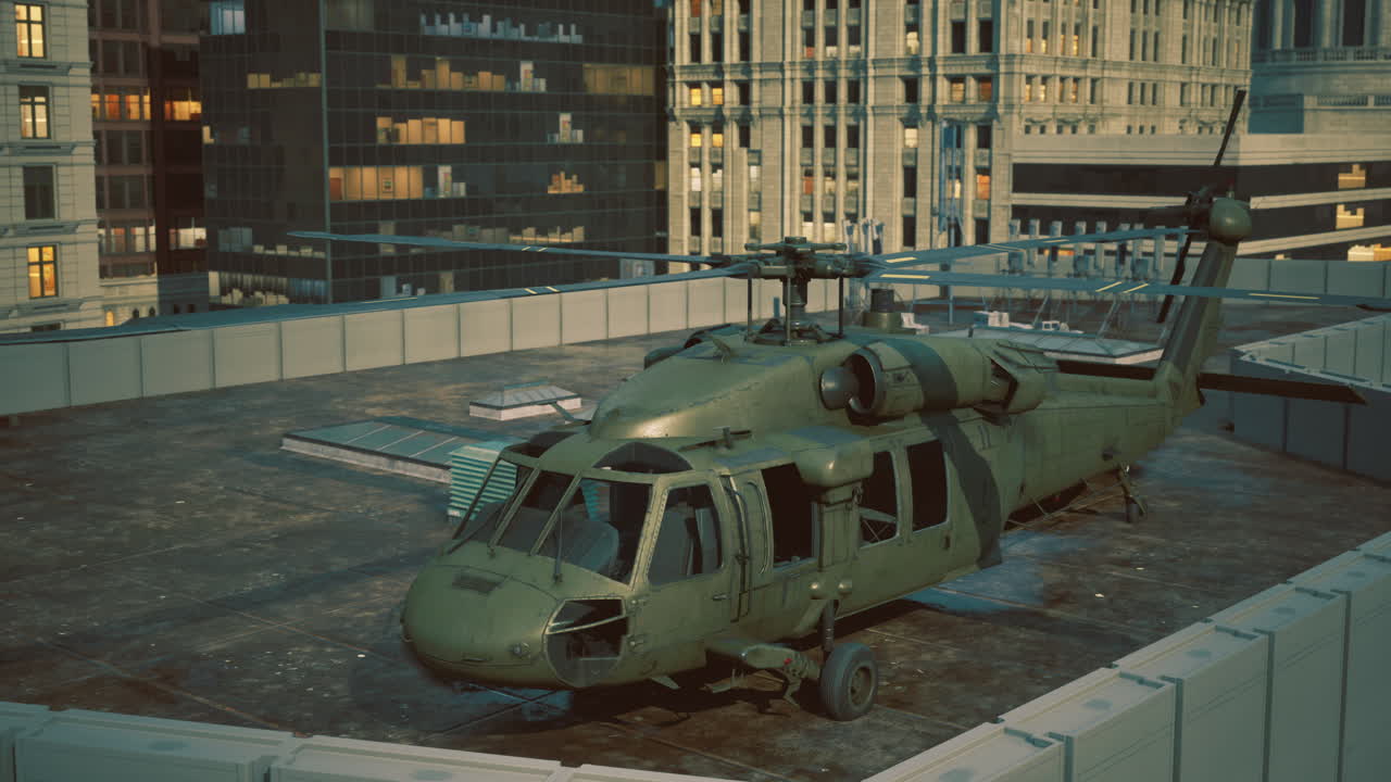 Helicopter rests on urban rooftop at dusk glowing city lights