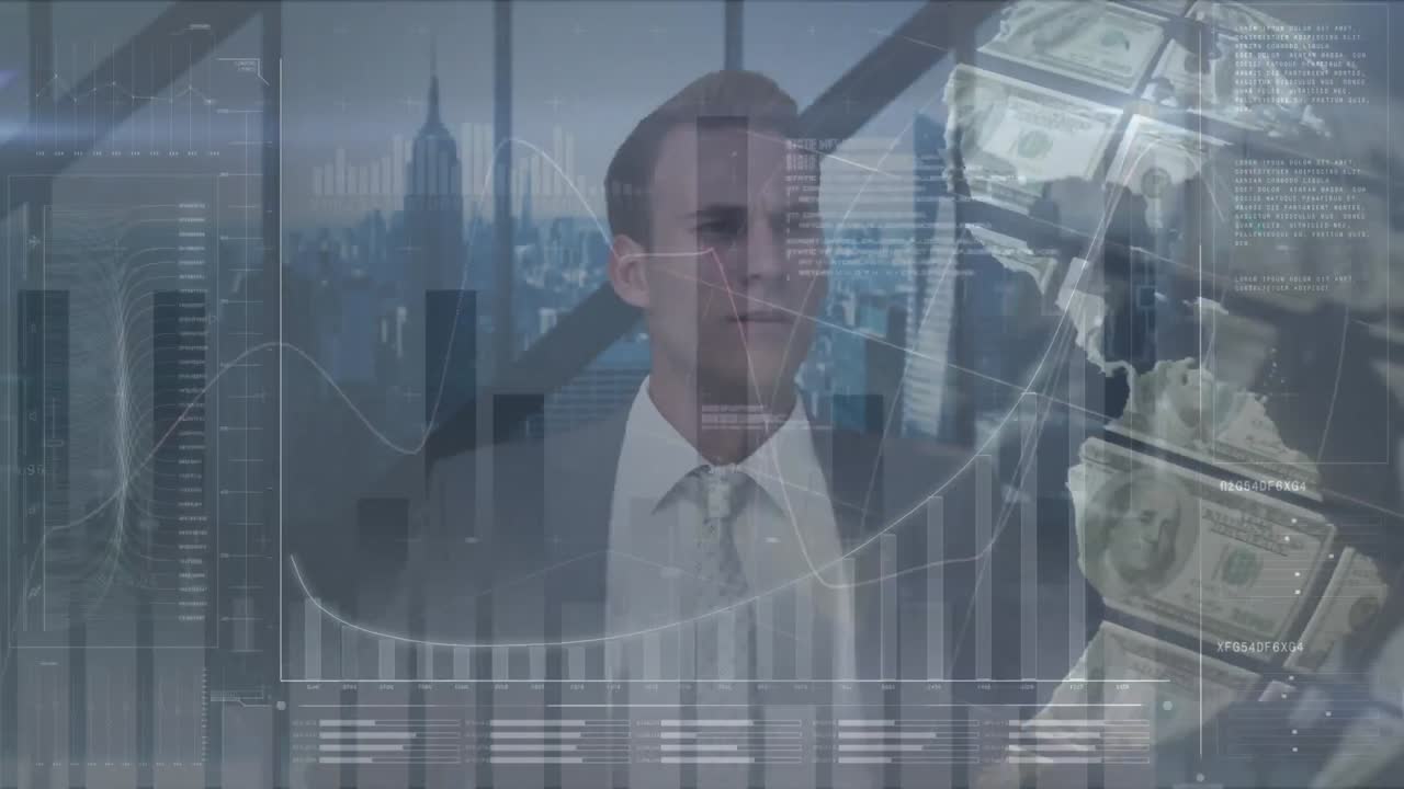 animación de un hombre de negocios en la oficina utilizando la interfaz de pantalla táctil sobre el globo del dólar y el procesamiento de datos