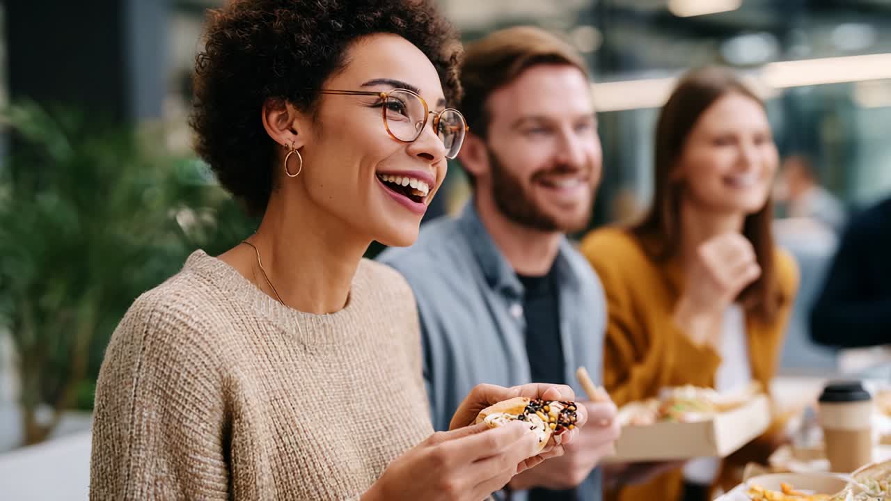 Joyful Gathering at a Casual Dining Affair: Delightful Moments Shared Over Delicious Food and Laughter Among Friends in a Modern, Relaxed Cafe Setting