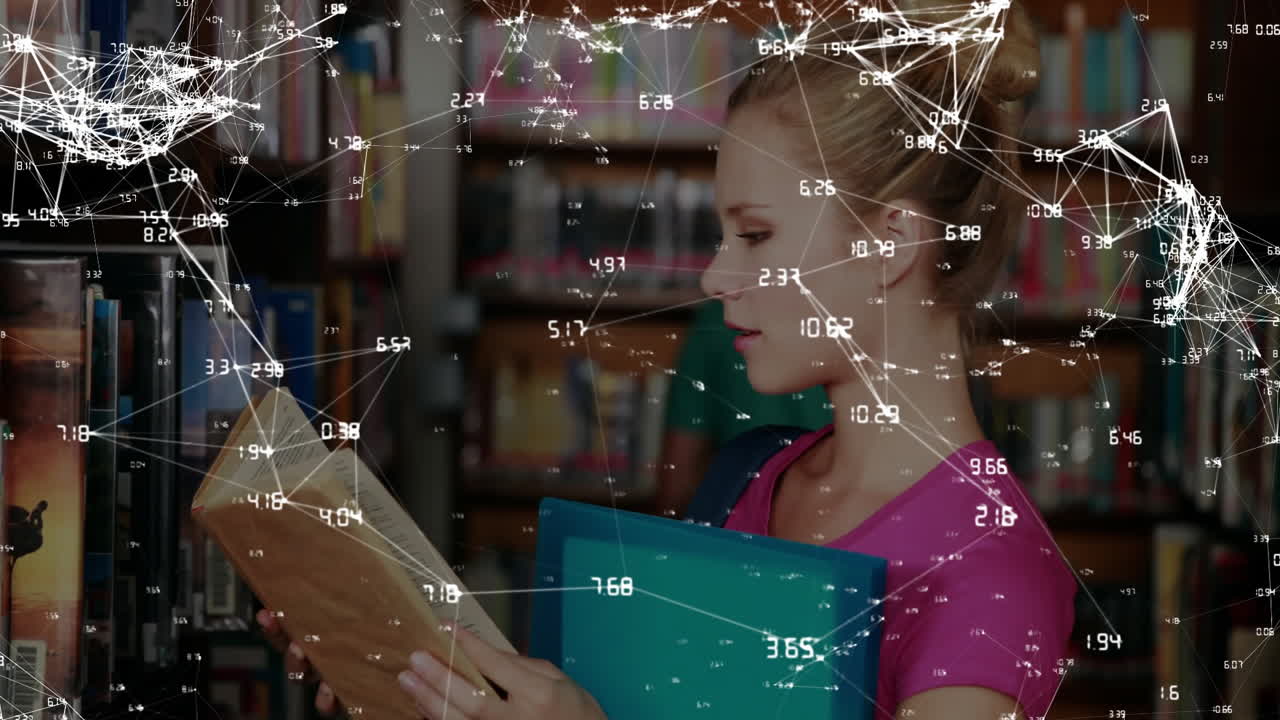 lectura de libros en la biblioteca, mujer con carpeta, conexiones de red animación más