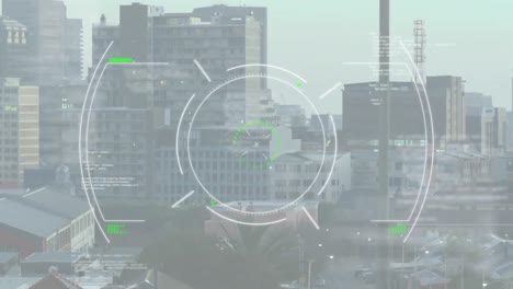 animation of scope scanning over data processing against aerial view of cityscape