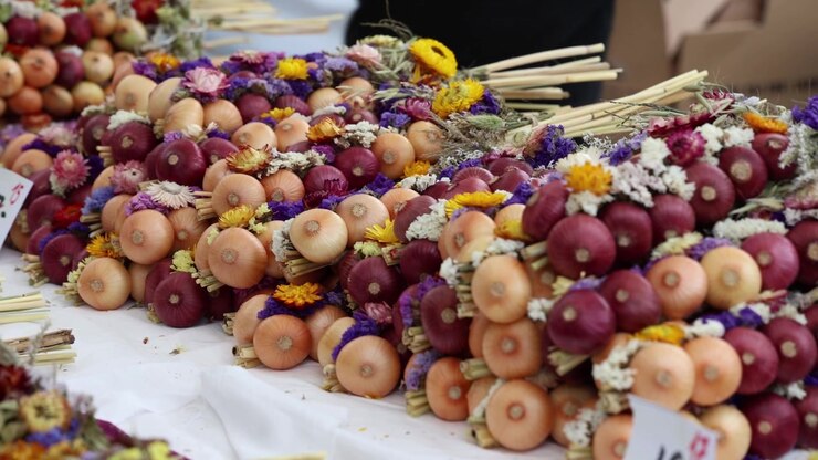 Onions in colorful braids for sale in the farmers market, Bern Switzerland