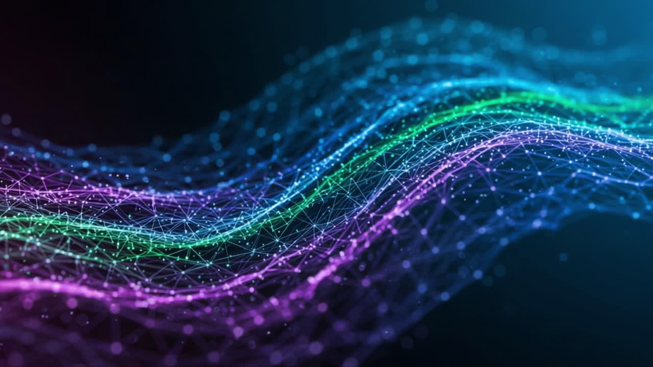 Abstract Visualization of Dynamic Wave Patterns in a Digital Network with Colorful Lines and Data Points Representing Connections and Flow