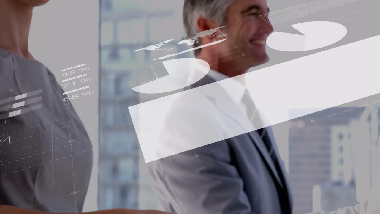 Animation of statistics and data processing over businessman handshake