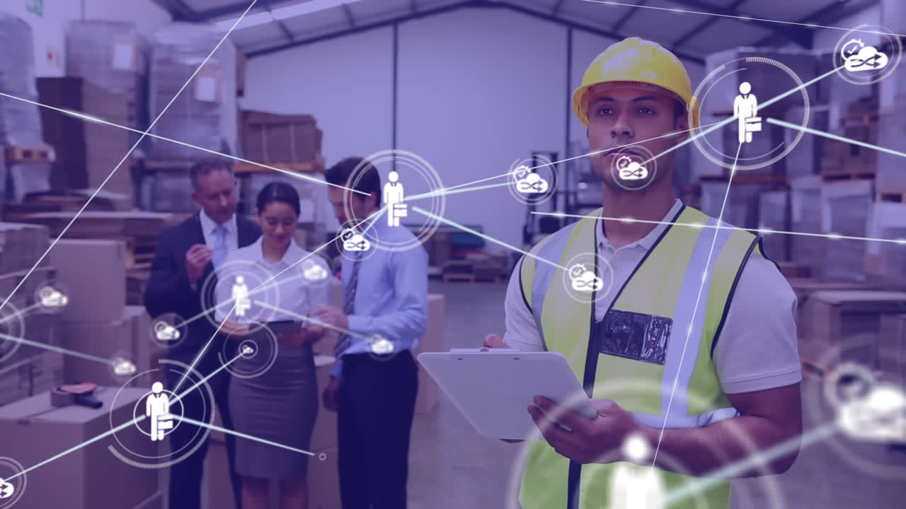 animación de la red de conexiones entre diversas personas que trabajan en el almacén