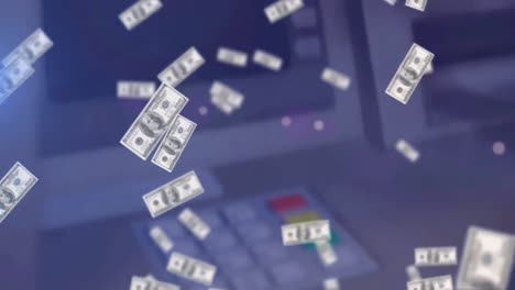 Animation-Von-US-Dollar-Banknoten,-Die-über-Geldautomaten-Fallen