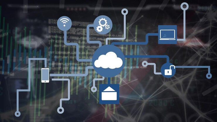 Animation of network of connections with icons over data processing
