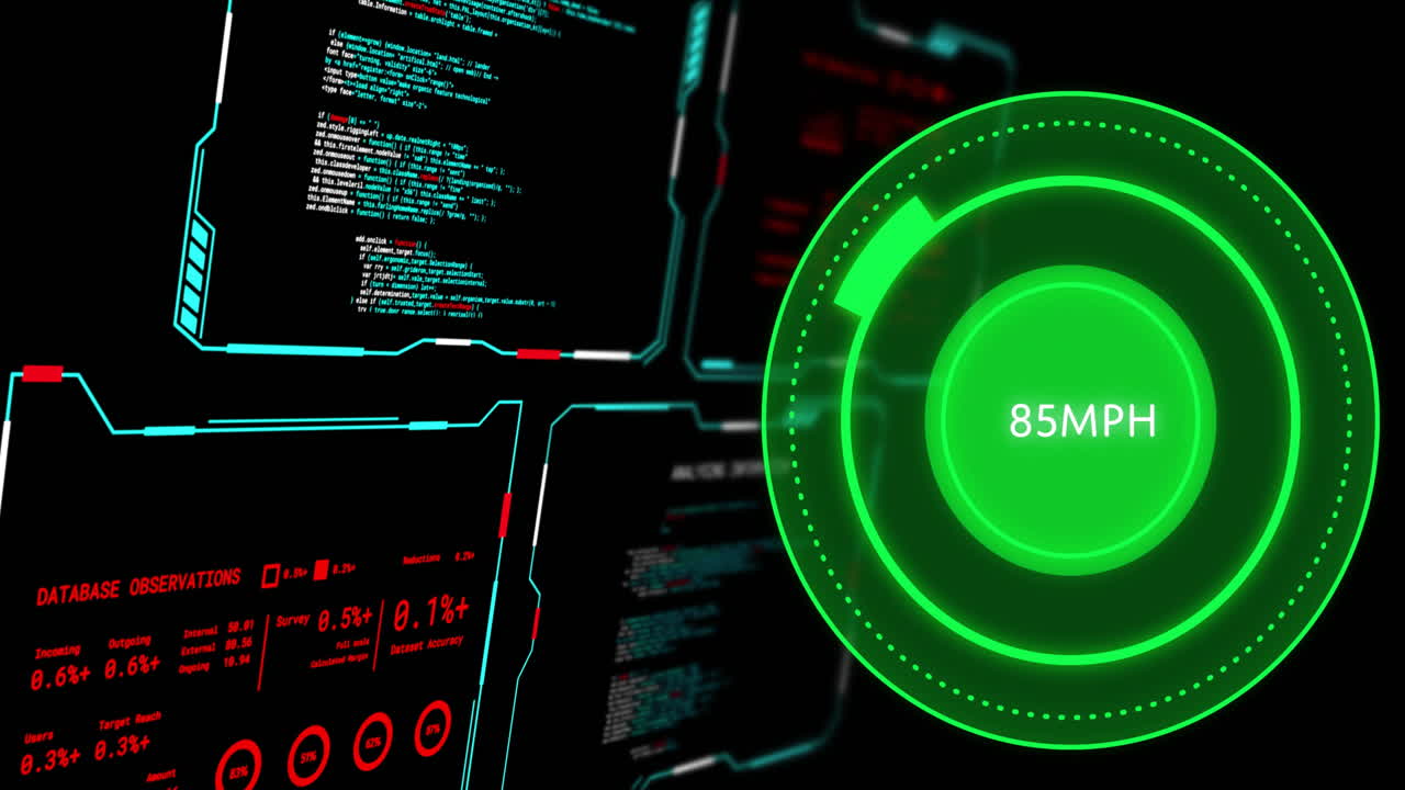 Animation of digital data processing over screens and green speedometer on black background