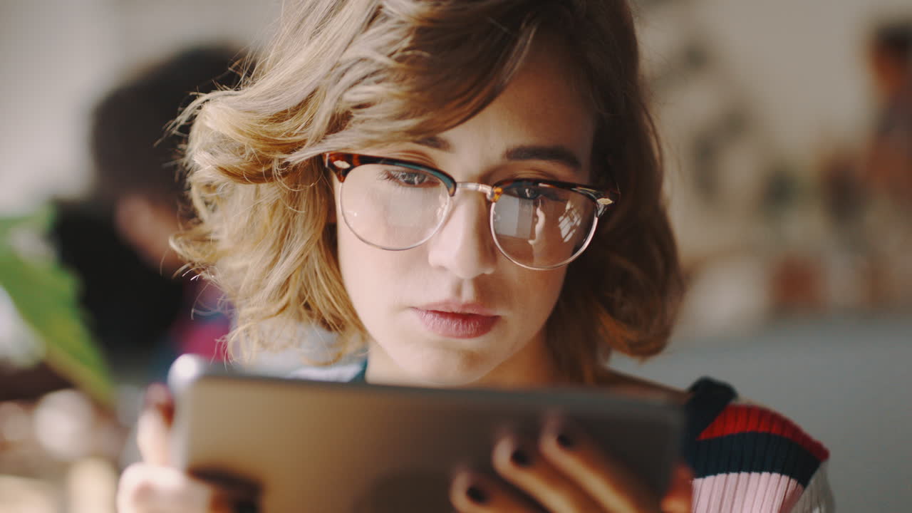 cara, mujer de negocios y tableta para en línea