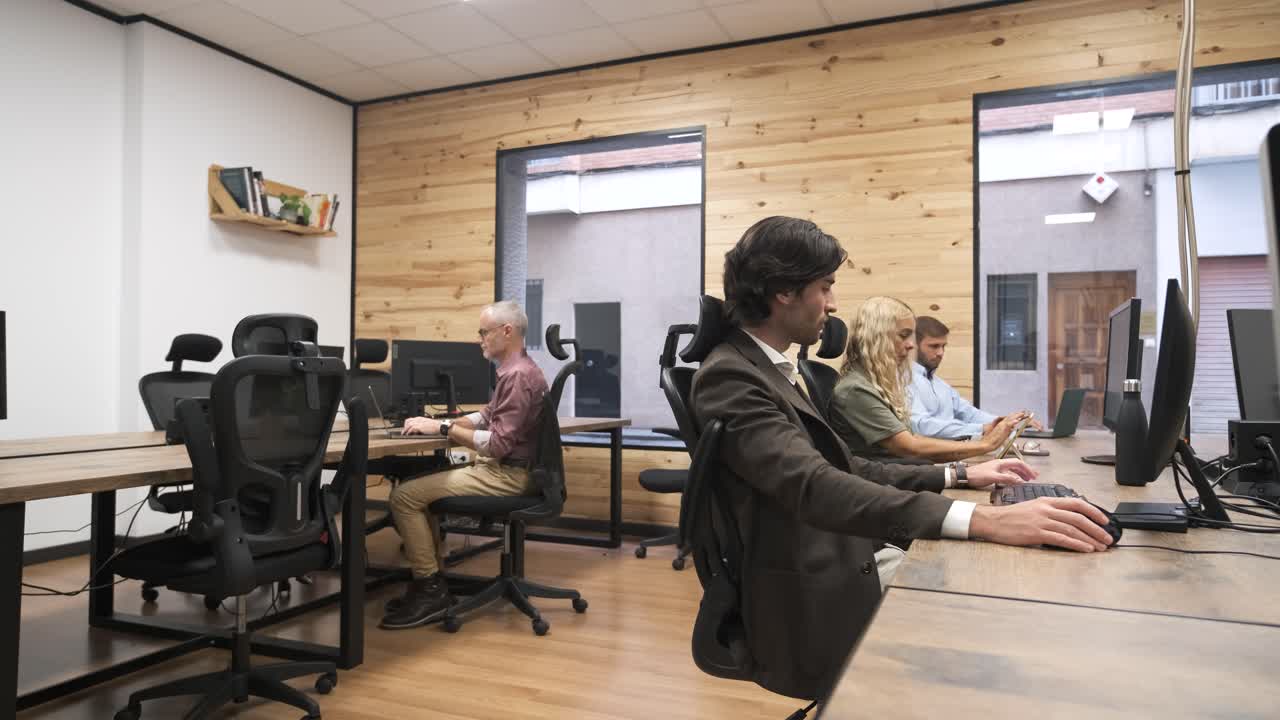 Busy businesspeople working at computer desks in creative office
