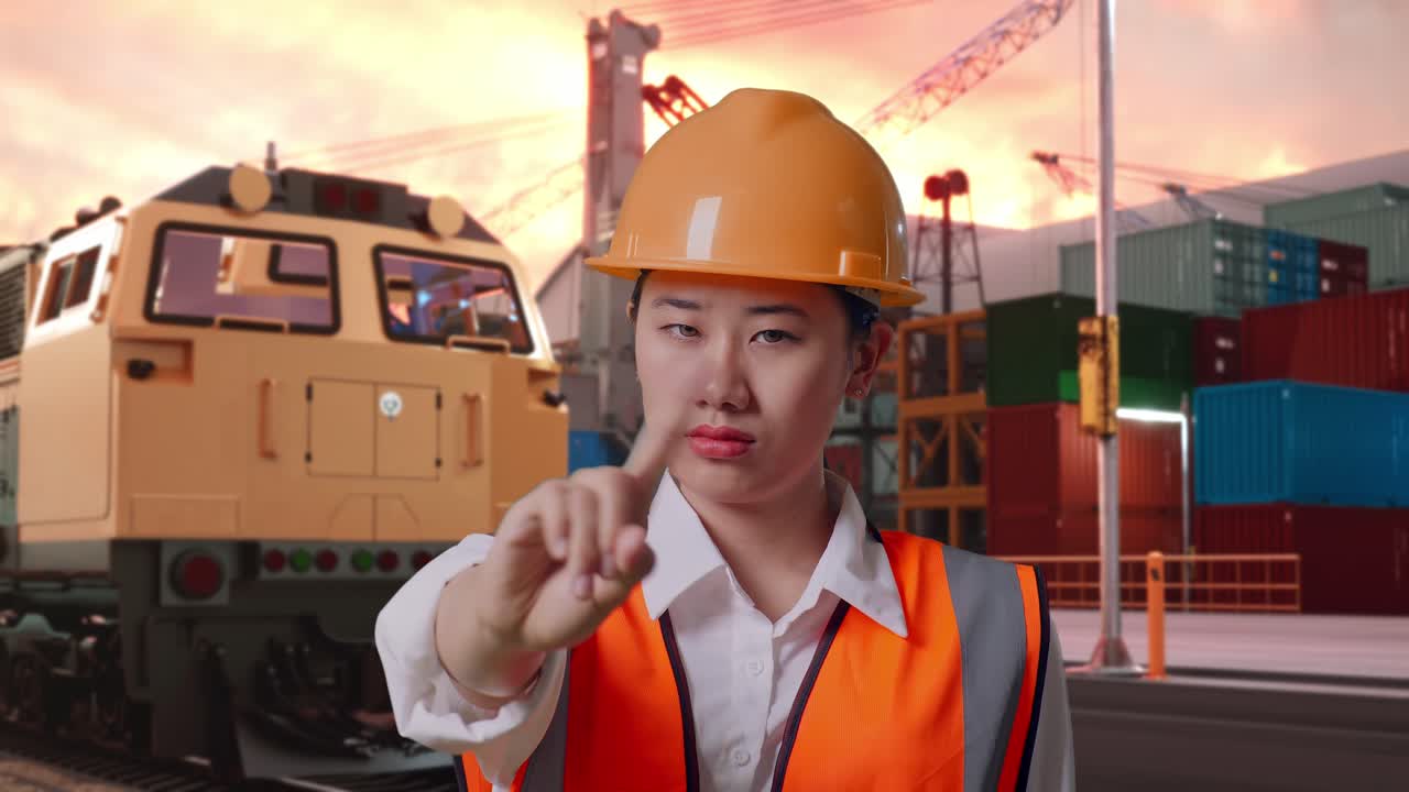Close Up Of Asian Female Engineer With Safety Helmet Disapproving With No Index Finger Sign With Freight Cargo Train At Port