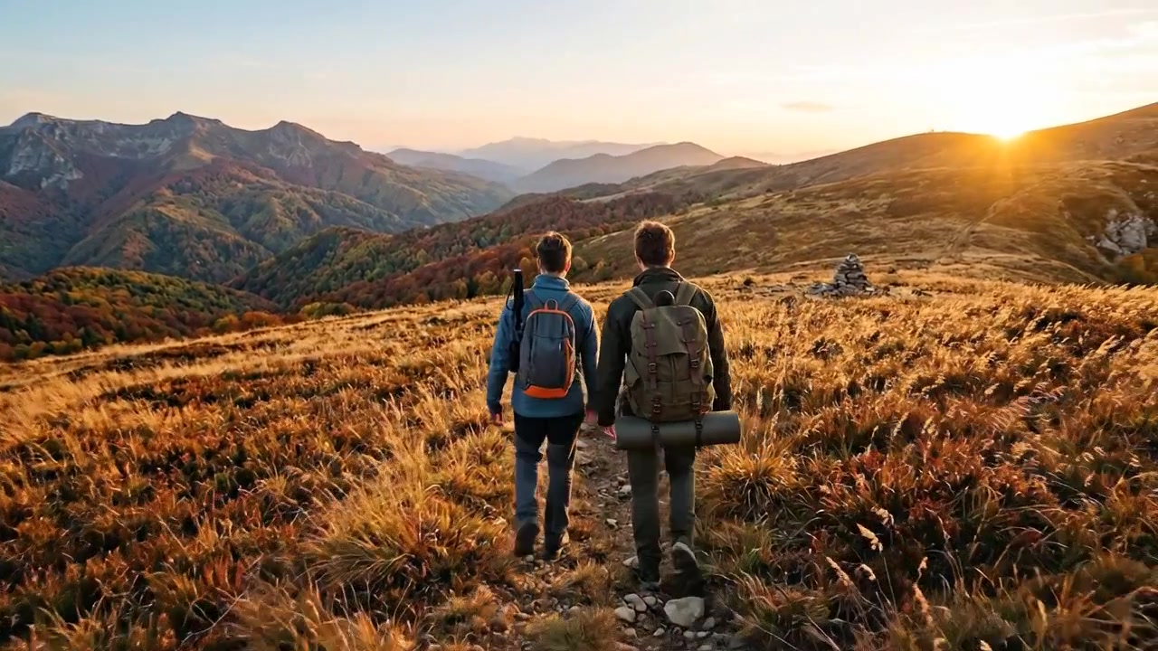 Filmmaterial von Outdoor-Wanderungen und Naturabenteuern mit Menschen, die malerische Berg- und Waldlandschaften erkunden.