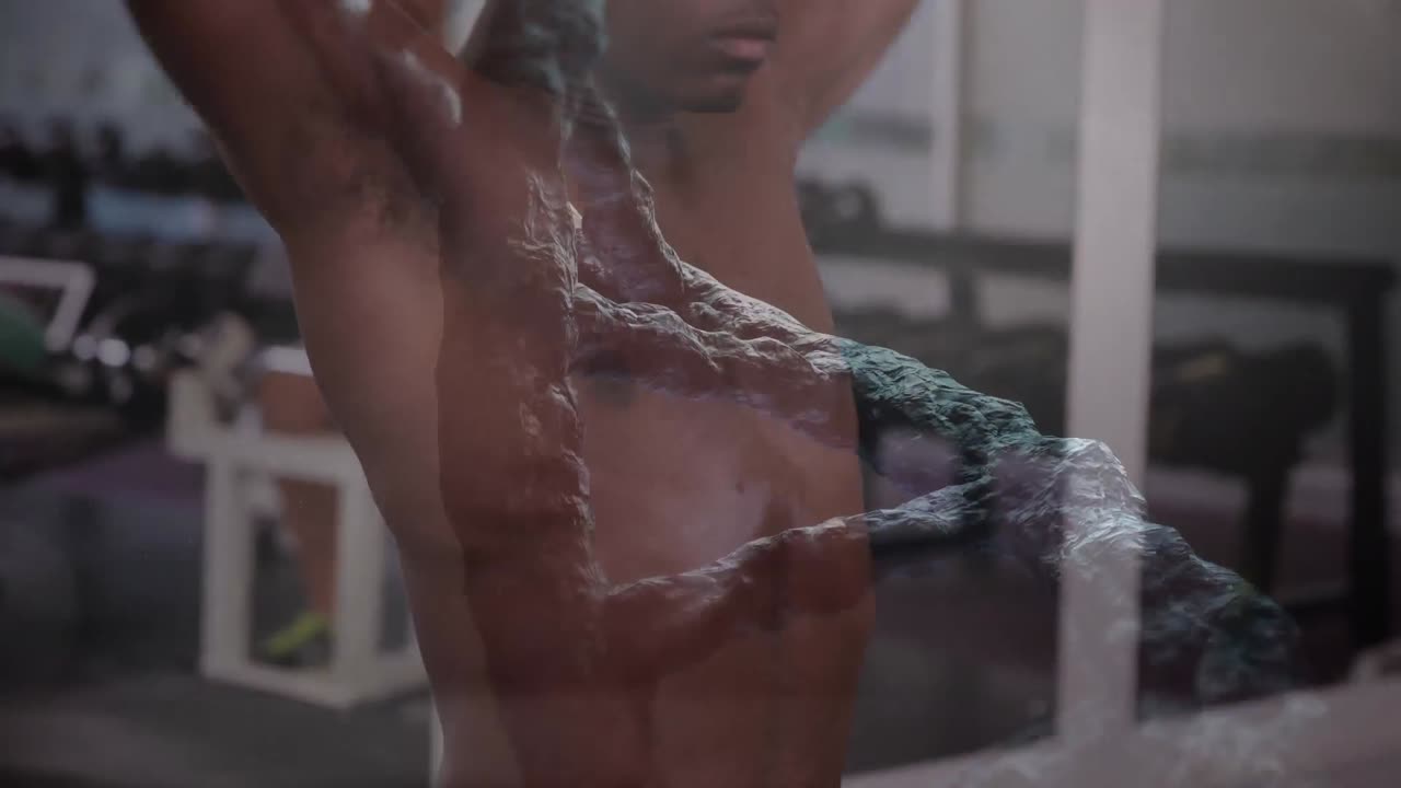 animación de una cadena de adn girando sobre un hombre en forma haciendo ejercicio con pesas