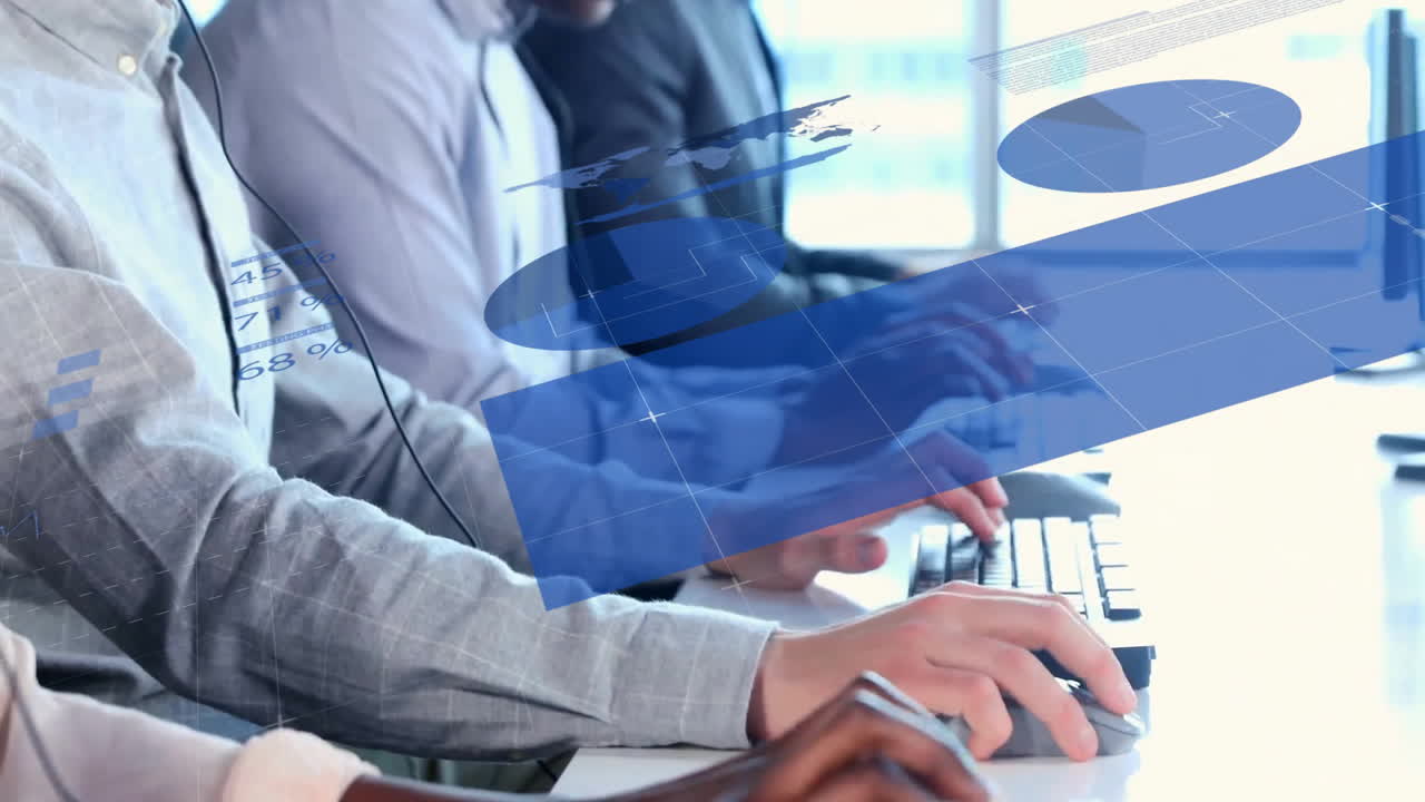 전화 헤드 ⁇ 을 사용하는 다양한 사업가들에 대한 금융 데이터 처리 애니메이션