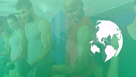 gym members performing dumbbell curls in health club, showing dotted world map and white globe