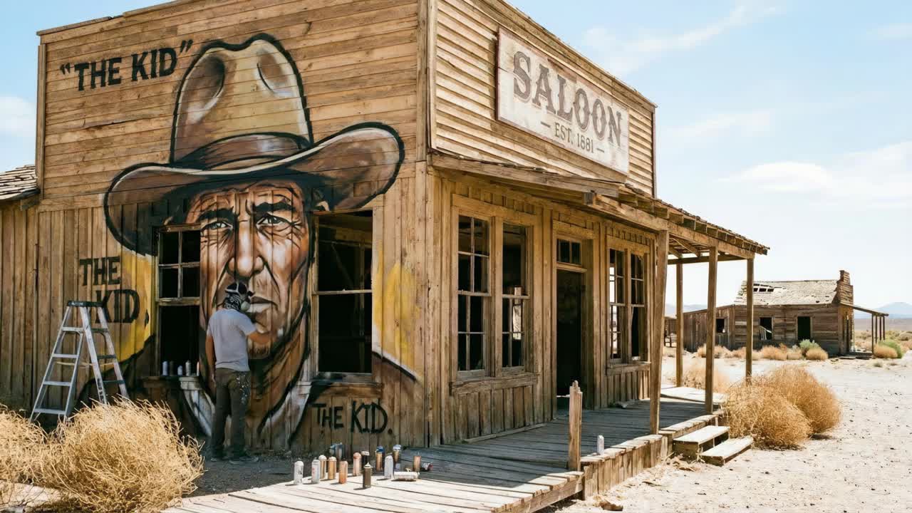 Wild West Saloon Mural in Abandoned Desert Town